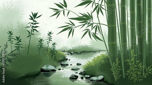 Bamboo tree. Bamboo branch with leaves and copy space