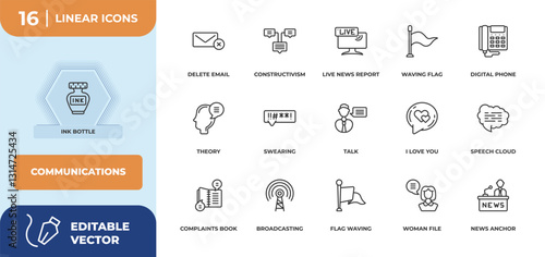 outline icons set - communications concept. ink bottle, delete email and more.
