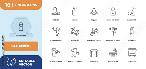 outline icons set - cleaning concept. deodorizer, hoover and more.