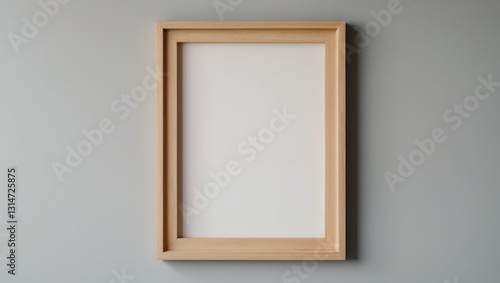 Realistic mockup of a photo frame. Large wooden portrait frame displayed on a blank wall. Minimal, clean, simple poster frame design. Vertical mockup of a picture frame.
