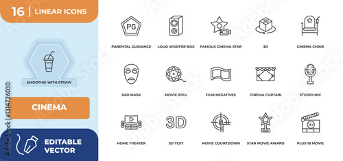 outline icons set - cinema concept. smoothie with straw, parental guidance and more.