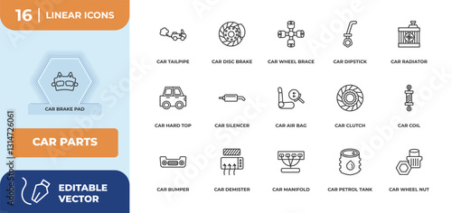 outline icons set - car parts concept. car brake pad, car tailpipe and more.