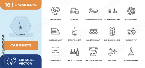 outline icons set - car parts concept. car pedal, car oil pump and more.