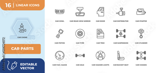 outline icons set - car parts concept. car choke, car cowl and more.