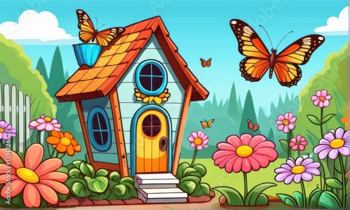 Charming Pixel Art Cottage in a Vibrant Flower Garden with Butterflies