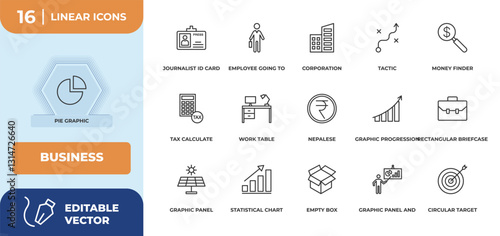 outline icons set - business concept. pie graphic, journalist id card and more.