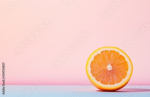 A Sliced Orange on a Pastel Background with Copy Space for Text or Design. Minimal Concept on a Light Pink and Blue Background