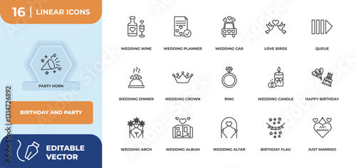 outline icons set - birthday and party concept. party horn, wedding wine and more.