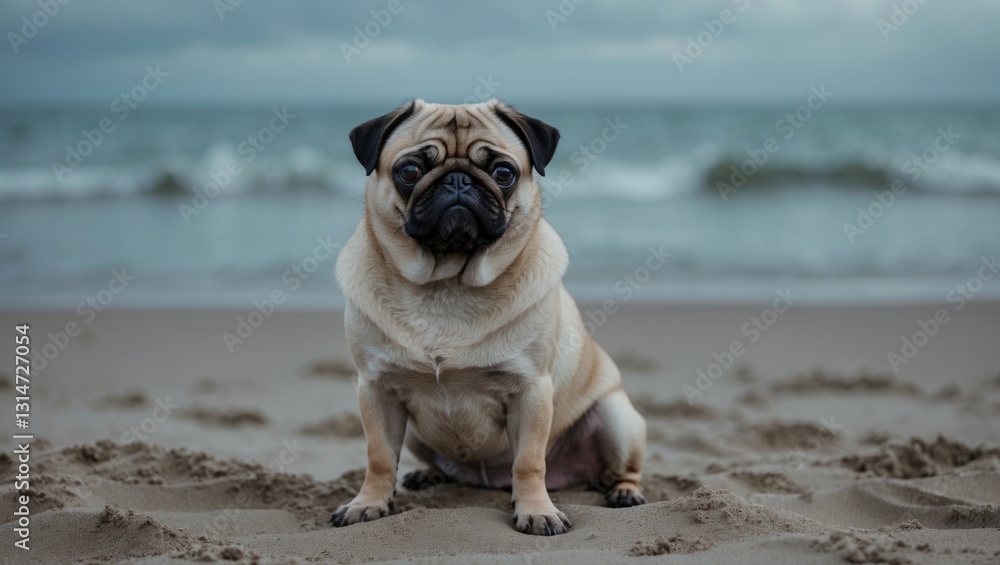 Obraz premium Sad pug dog resting on the sand. Pug dog sits on the shore.