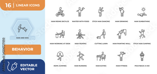 outline icons set - behavior concept. man and dog, man riding bicylce and more.