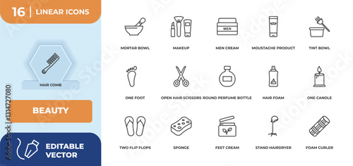 outline icons set - beauty concept. hair comb, mortar bowl and more.