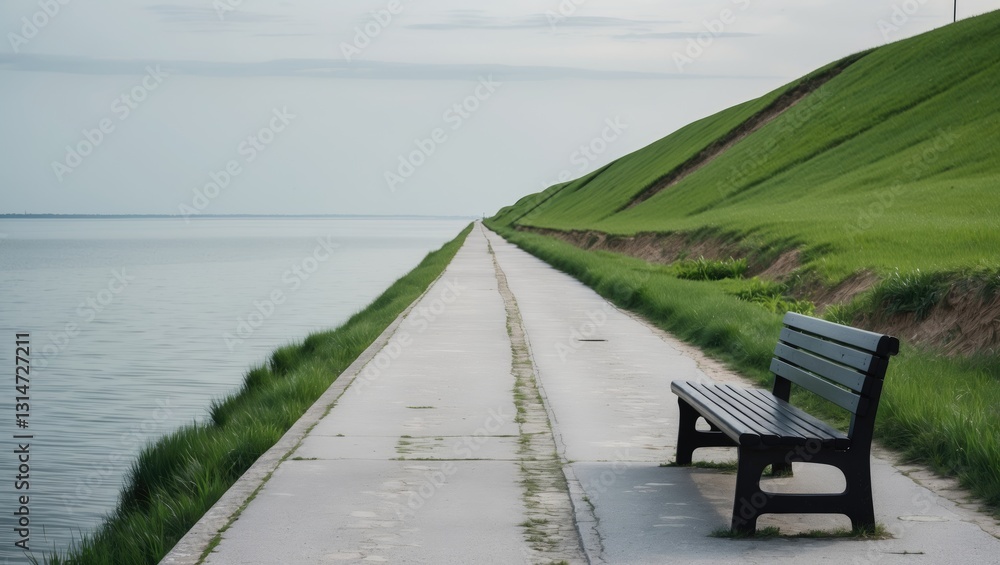Obraz premium A lone wooden bench is positioned along a coastal path between the sea and a green dike slope. The minimalist landscape extends to the horizon where the path appears to vanish into the distance.