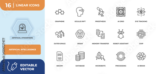 outline icons set - artificial intellegence concept. artificial atmosphere, graphene and more.