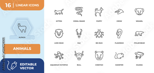 outline icons set - animals concept. alpaca, kitten and more.