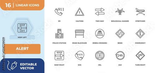 outline icons set - alert concept. keep left, 911 and more.