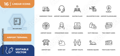 outline icons set - airport terminal concept. big safe box, emergency truck and more.