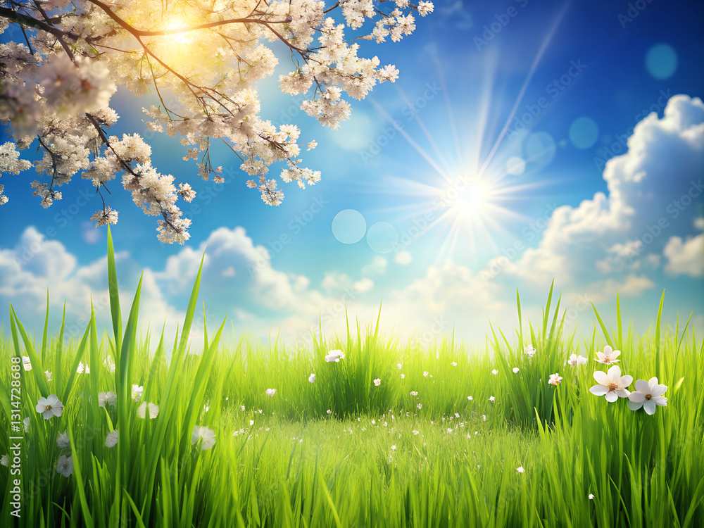 Fototapeta premium Spring or summer season. abstract nature background. Grass blue sky sunset and cherry blossom background.