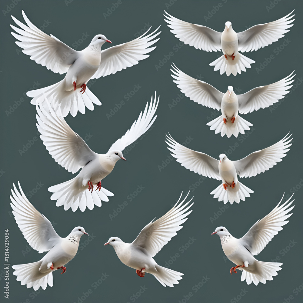 Fototapeta premium PNG Graceful doves in flight sequence, isolated element set, transparent background