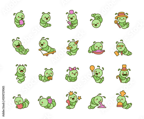 Adorable caterpillar set featuring various emotions, accessories, and activities in a charming kawaii cartoon style, including birthday, business, magic, and daily life moments for yours projects