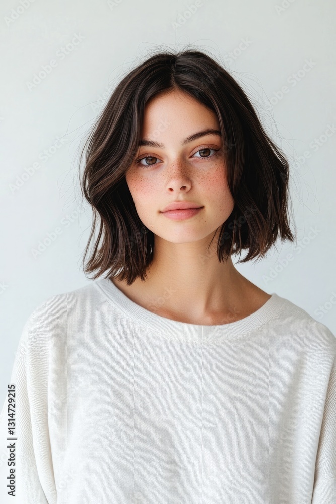 Soft lighting highlights gentle features of young woman in minim Soft lighting highlights gentle features of young woman in minim