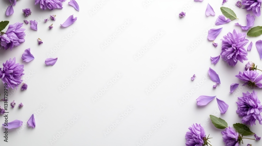 Vibrant purple flower petals scattered artistically on a clean white background, epitomizing the beauty of nature and the delicate artistry in floral arrangements. Vibrant purple flower petals scattered artistically on a clean white background, epitomizing the beauty of nature and the delicate artistry in floral arrangements.