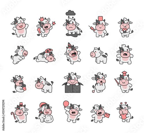 Cute and charming set of cow characters showing different emotions, fun accessories, and various poses in an adorable kawaii cartoon farm animal style for creative projects
