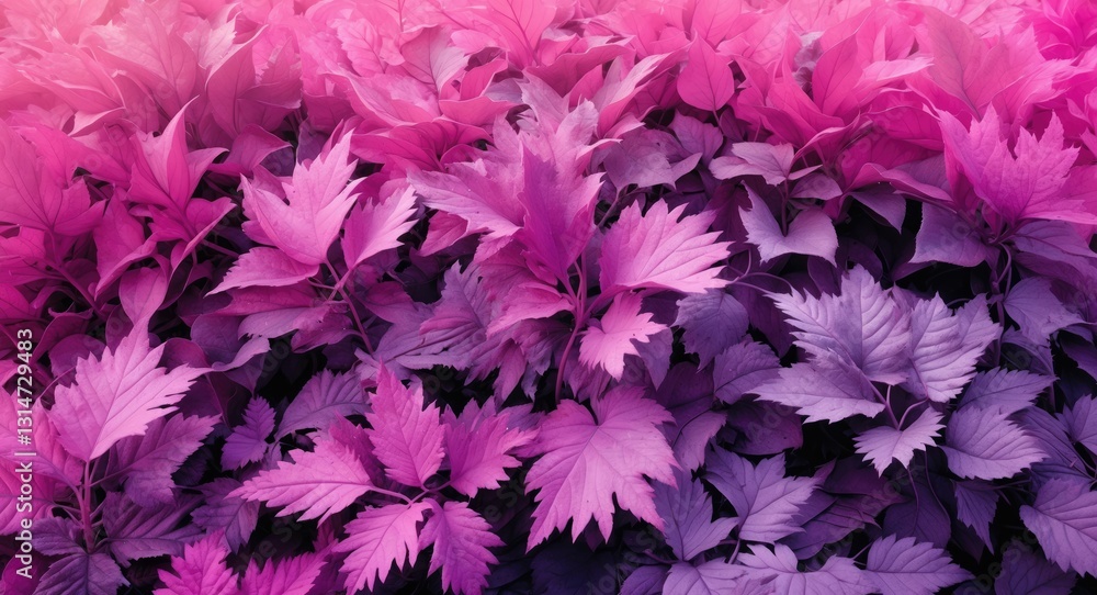 A thick arrangement of leaves in shades of pink and purple, producing a vivid and surreal visual effect. The color alteration makes it engaging and visually striking. A thick arrangement of leaves in shades of pink and purple, producing a vivid and surreal visual effect. The color alteration makes it engaging and visually striking.