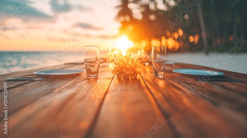 Romantic sunset dining experience beach location table setting tropical environment relaxed viewpoint culinary concept
