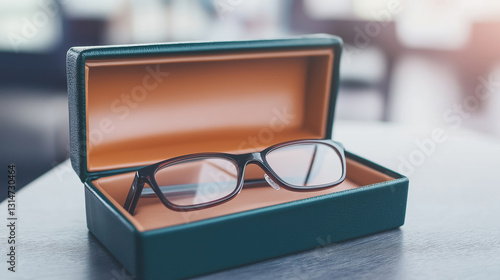 Sleek eyeglasses resting securely in compact protective case, highlighting modern convenience for travelers