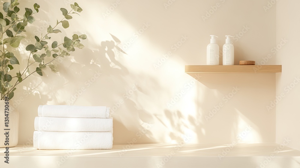 Bright and airy bathroom scene featuring neatly stacked towels, Bright and airy bathroom scene featuring neatly stacked towels,