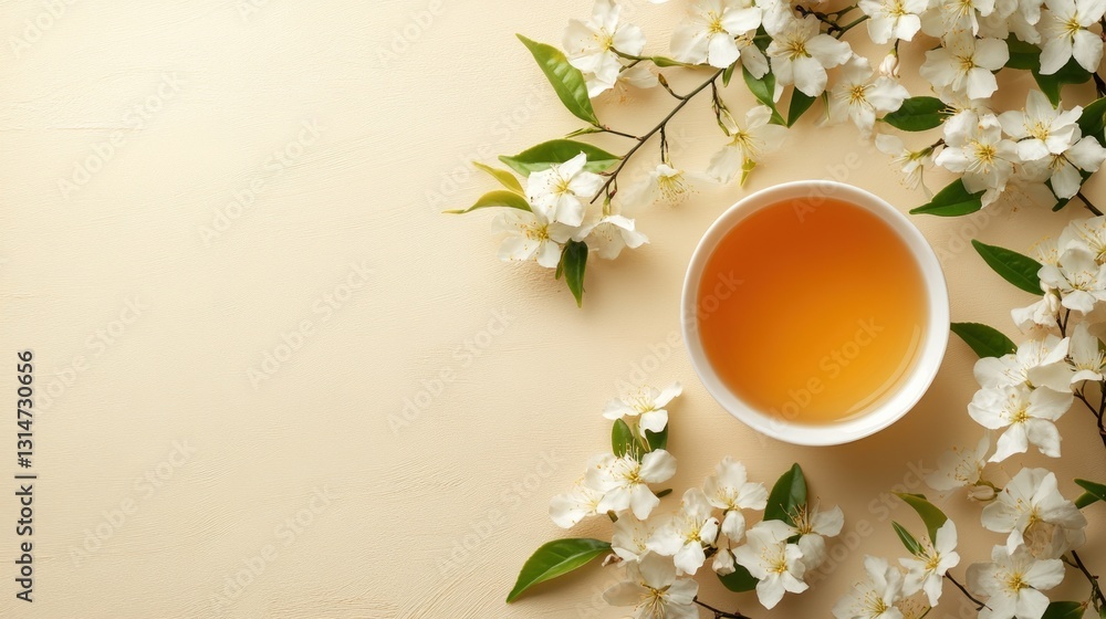 A serene cup of tea surrounded by delicate white flowers on a soft background. A serene cup of tea surrounded by delicate white flowers on a soft background.