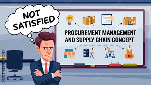 Supply Chain Dissatisfaction: A frustrated business person pondering procurement and supply chain challenges. Surrounded by relevant icons of supply chain management.