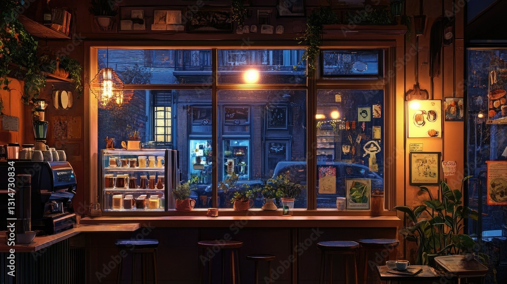 Cozy coffee shop window view Cozy coffee shop window view