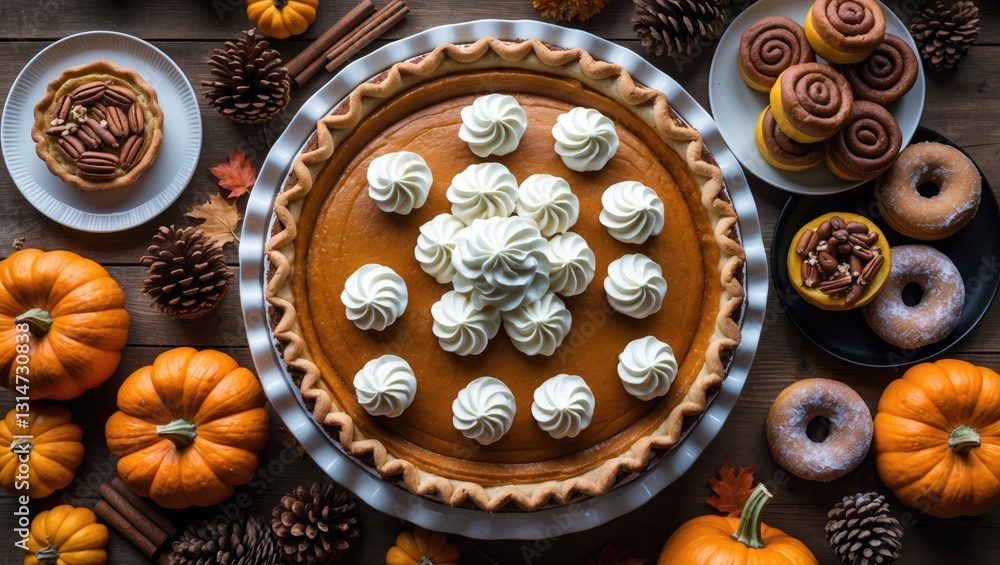 Fototapeta premium Autumn desserts table arrangement featuring a variety of traditional sweet treats. Aerial view over a rustic wooden background.