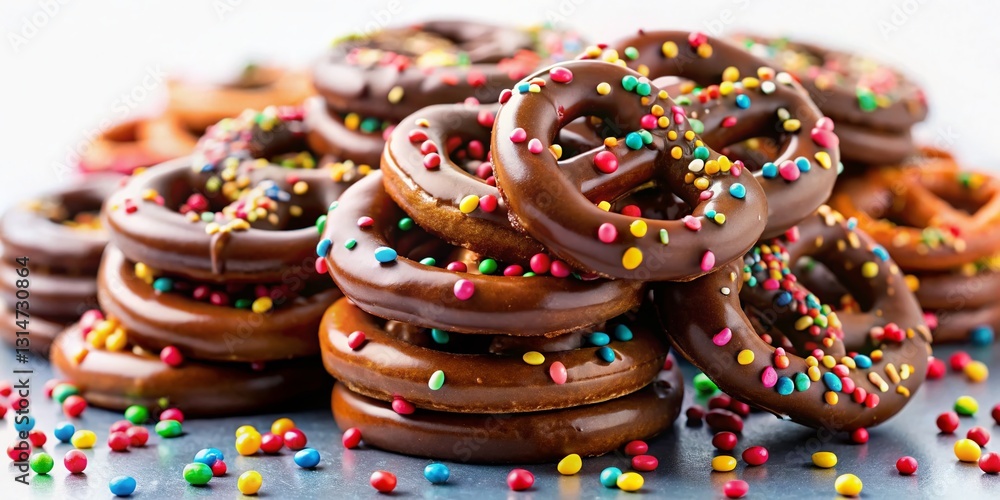 Aerial View of Delicious Chocolate Covered Pretzel Stack with Sprinkles Aerial View of Delicious Chocolate Covered Pretzel Stack with Sprinkles