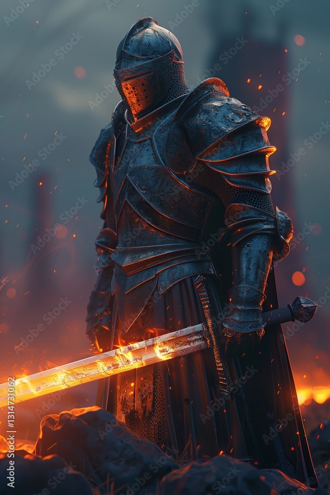 Fototapeta premium A determined knight stands amidst fire, wielding a glowing sword, embodying courage and strength in battle.