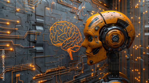 robot head on brain background. thought processes and new technologies. intelligent automation of humanoids.