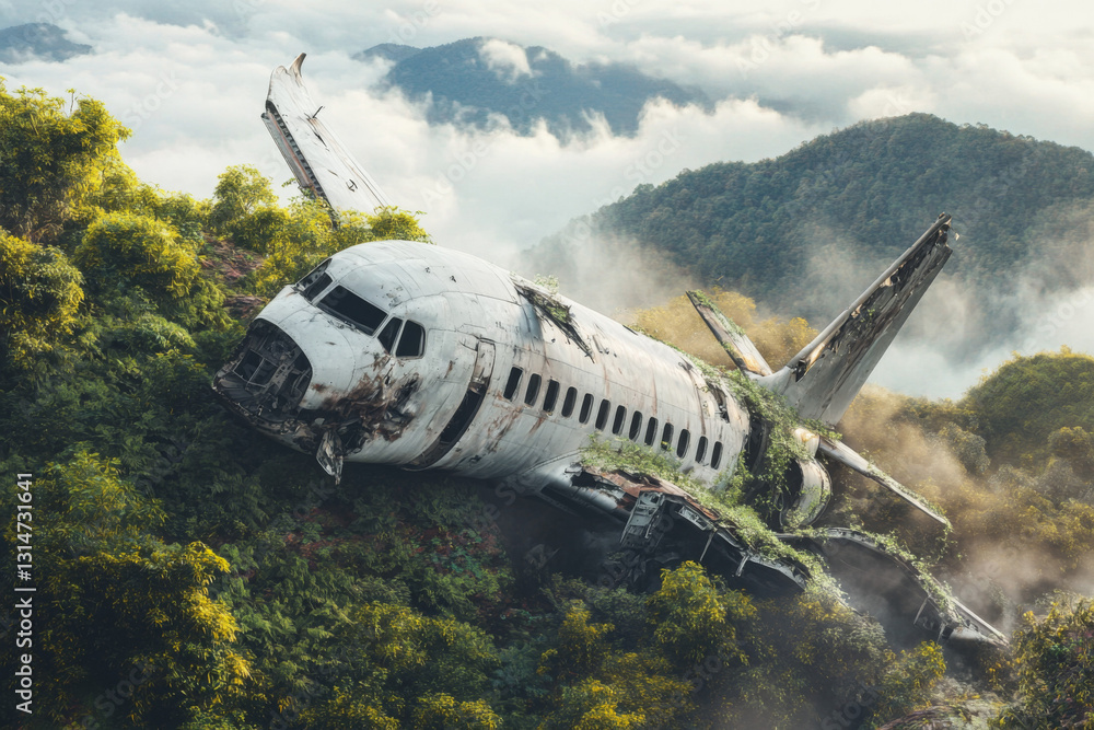 Fototapeta premium A rusty airplane rests amidst lush greenery on a mountain ridge, surrounded by fog and mist, creating an eerie yet captivating atmosphere