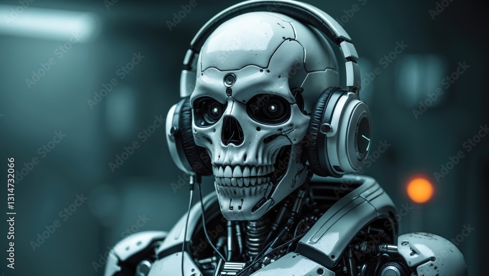 Image depicting a science fiction cyborg with a skull face wearing headphones and playing music. Image depicting a science fiction cyborg with a skull face wearing headphones and playing music.