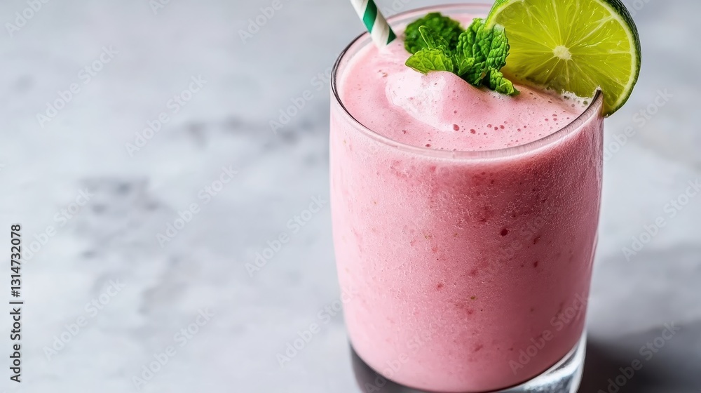 A luscious pink smoothie topped with mint leaves and a lime slice, served in a transparent glass, radiating a sense of indulgence and freshness in every sip. A luscious pink smoothie topped with mint leaves and a lime slice, served in a transparent glass, radiating a sense of indulgence and freshness in every sip.