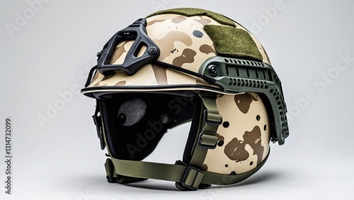 Army Kevlar helmet featuring an NVG mount and camouflage cover, isolated on a white background. photo