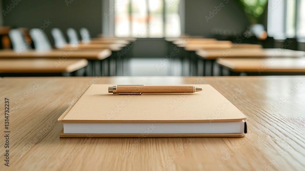 Classroom study session modern educational facility photo of desk indoor overhead angle focus on learning materials Classroom study session modern educational facility photo of desk indoor overhead angle focus on learning materials