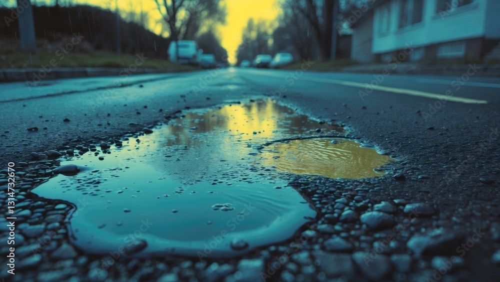 Fototapeta premium Sunny day following rain, the vacant road. Close-up perspective from the level of the puddle on the pavement, image featuring yellow-blue toning.