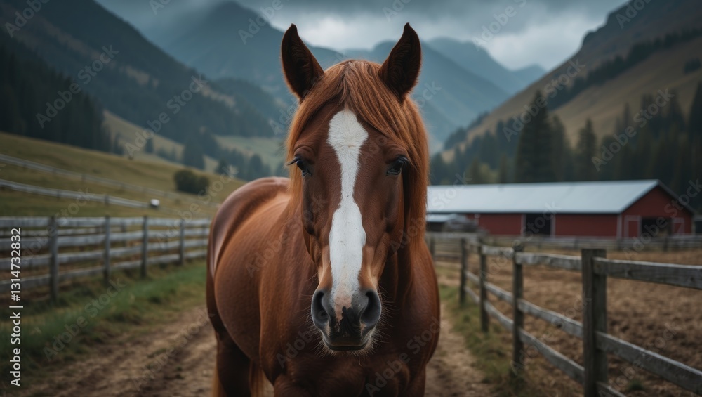 Fototapeta premium Stunning and lovely horses on the farm. Horse portrait set in the mountains.
