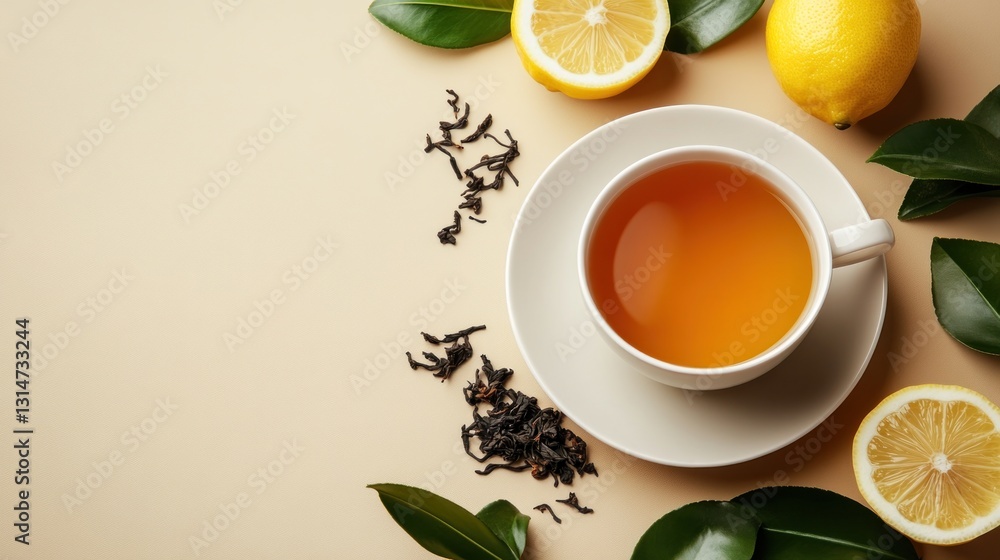 A cup of tea surrounded by lemon slices and tea leaves on a light background. A cup of tea surrounded by lemon slices and tea leaves on a light background.