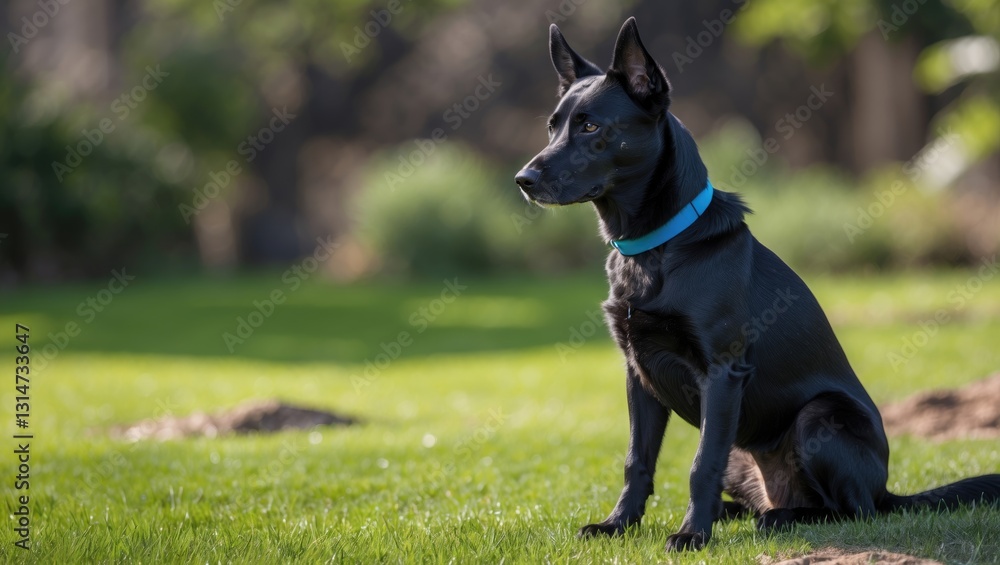 Australia, green, inky, lawn, pet, dog, black, furry, shiny, well built, well behaved, waiting, owner, closeup. Australia, green, inky, lawn, pet, dog, black, furry, shiny, well built, well behaved, waiting, owner, closeup.