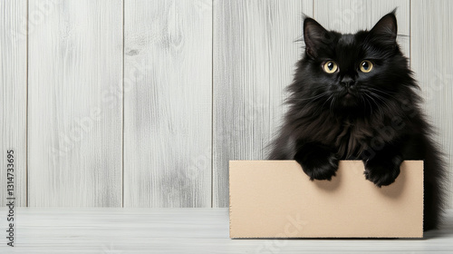 Fluffy black cat is showing a blank protest sign made of cardboard, on a white wooden background, with copy space