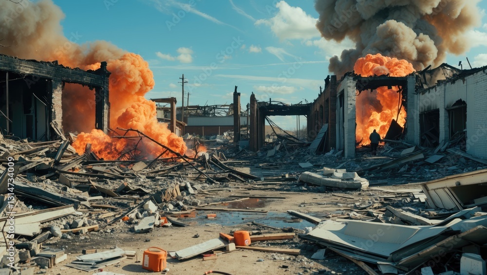 Fototapeta premium View of the destroyed structures as investigators keep examining the site after a fire at a warehouse filled with explosives that led to major explosions.