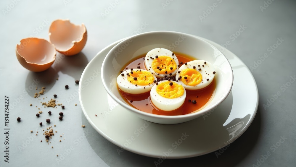 Traditional Asian breakfast featuring half-boiled eggs accompanied by soy sauce and pepper. Traditional Asian breakfast featuring half-boiled eggs accompanied by soy sauce and pepper.
