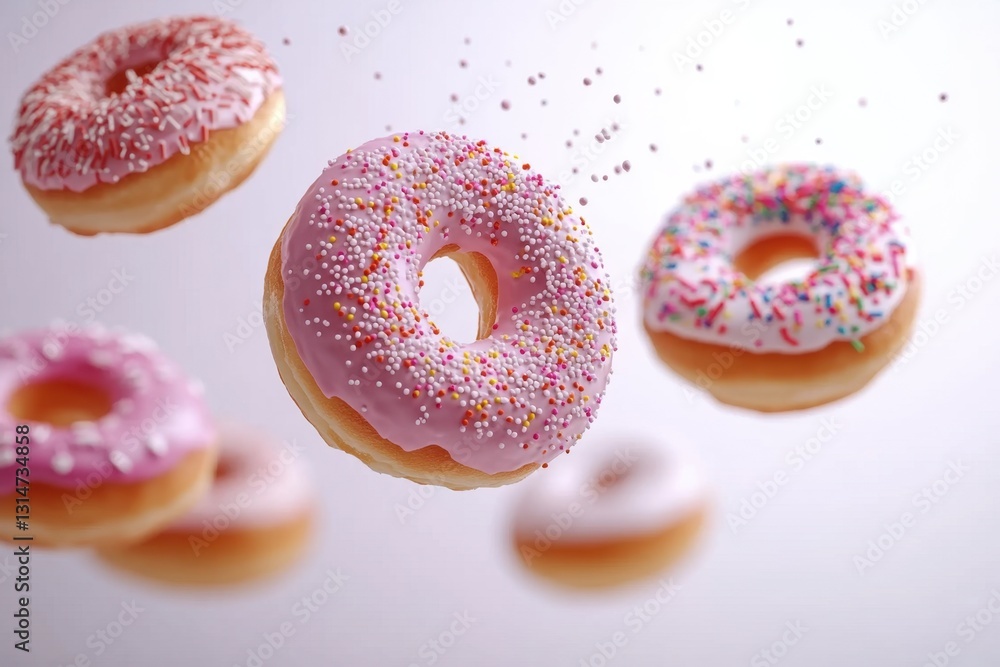 Delicious donuts with colorful sprinkles floating in air against a bright background creating a sweet and tempting scene ideal for food blogs Delicious donuts with colorful sprinkles floating in air against a bright background creating a sweet and tempting scene ideal for food blogs